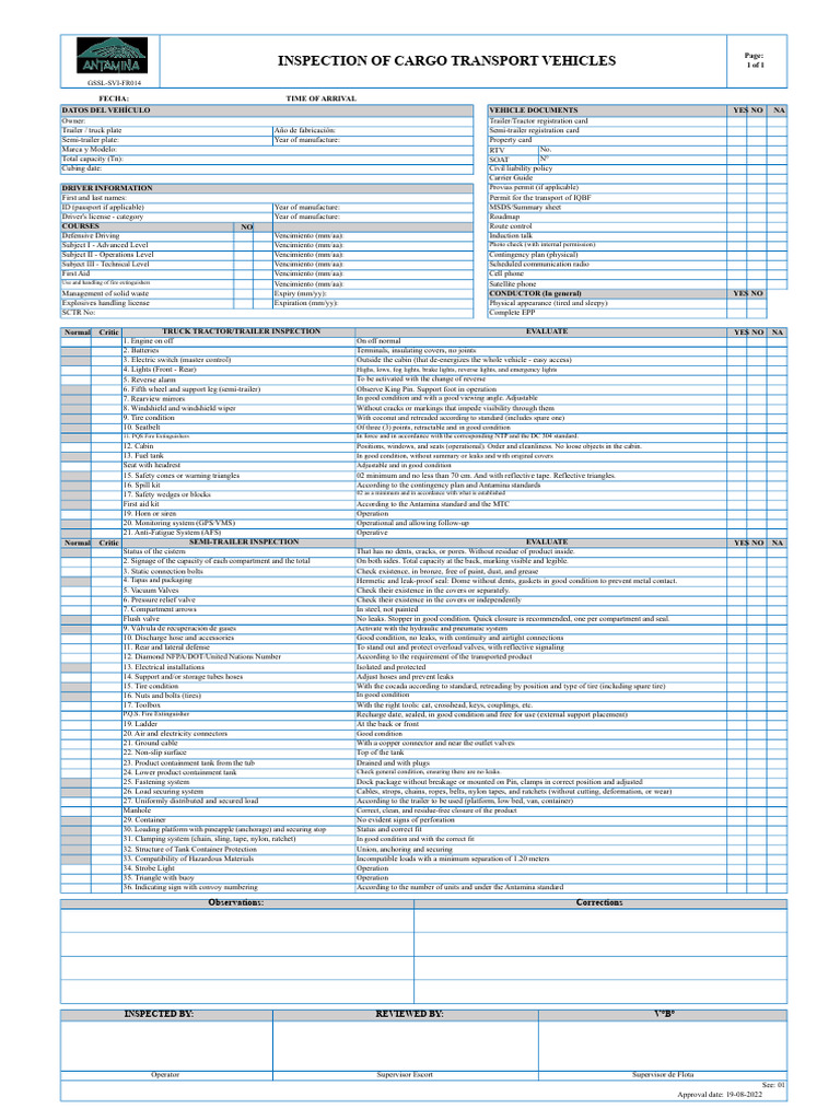 Cargo Transport Vehicle Inspection Checklist | PDF | Truck | Trailer ...