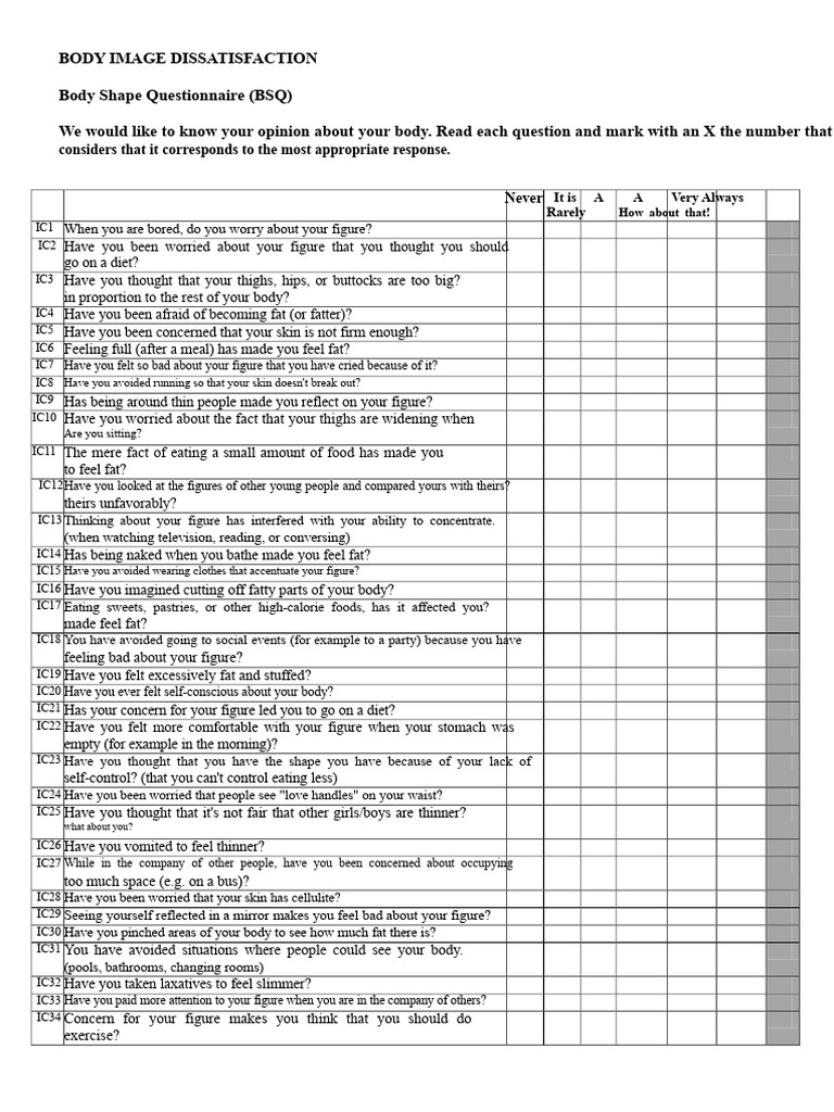 Body Image Dissatisfaction Survey | PDF