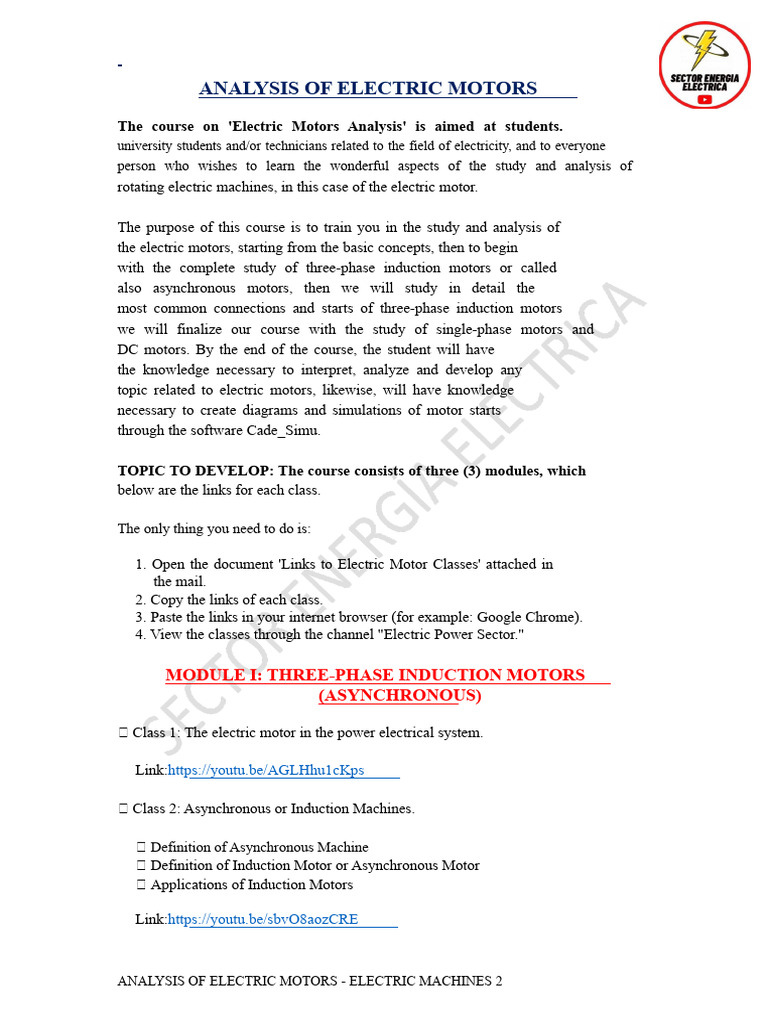 Electric Motors Analysis Course Guide | PDF | Electric Motor | Direct ...