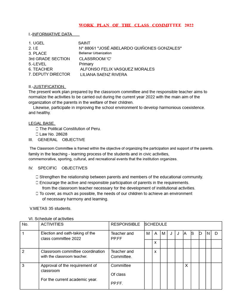 Class Committee Work Plan 2022 | PDF | Teachers