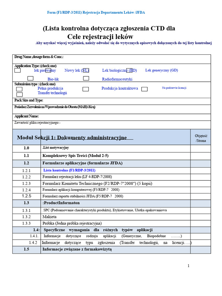 Cele Rejestracji Leków: (Lista Kontrolna Dotycząca Zgłoszenia CTD Dla | PDF