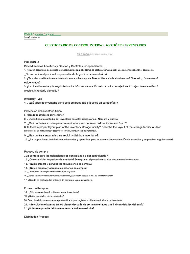 Cuestionario de Control Interno: Inventarios | PDF | Software | Auditoría