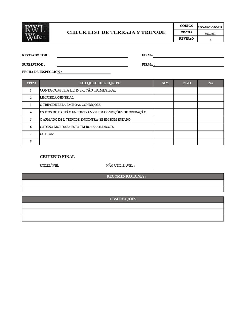 Checklist de Inspeção de Tripé e Terraja | PDF