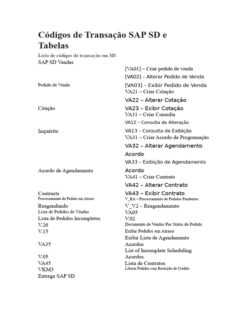 Códigos de Transação SAP SD e Tabelas | PDF