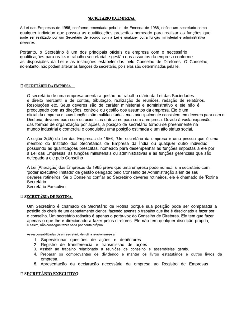 Funções e Nomeação do Secretário da Empresa | PDF | Impostos ...
