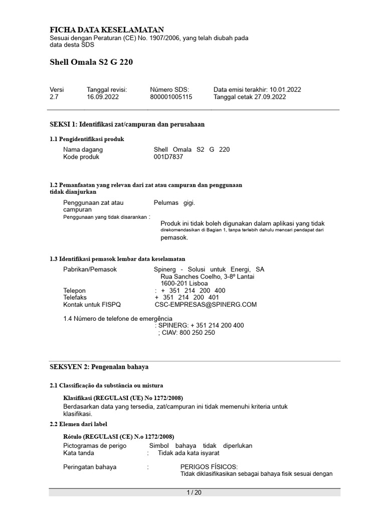 Lembar Data Keselamatan Shell Omala S2 G 220 | PDF