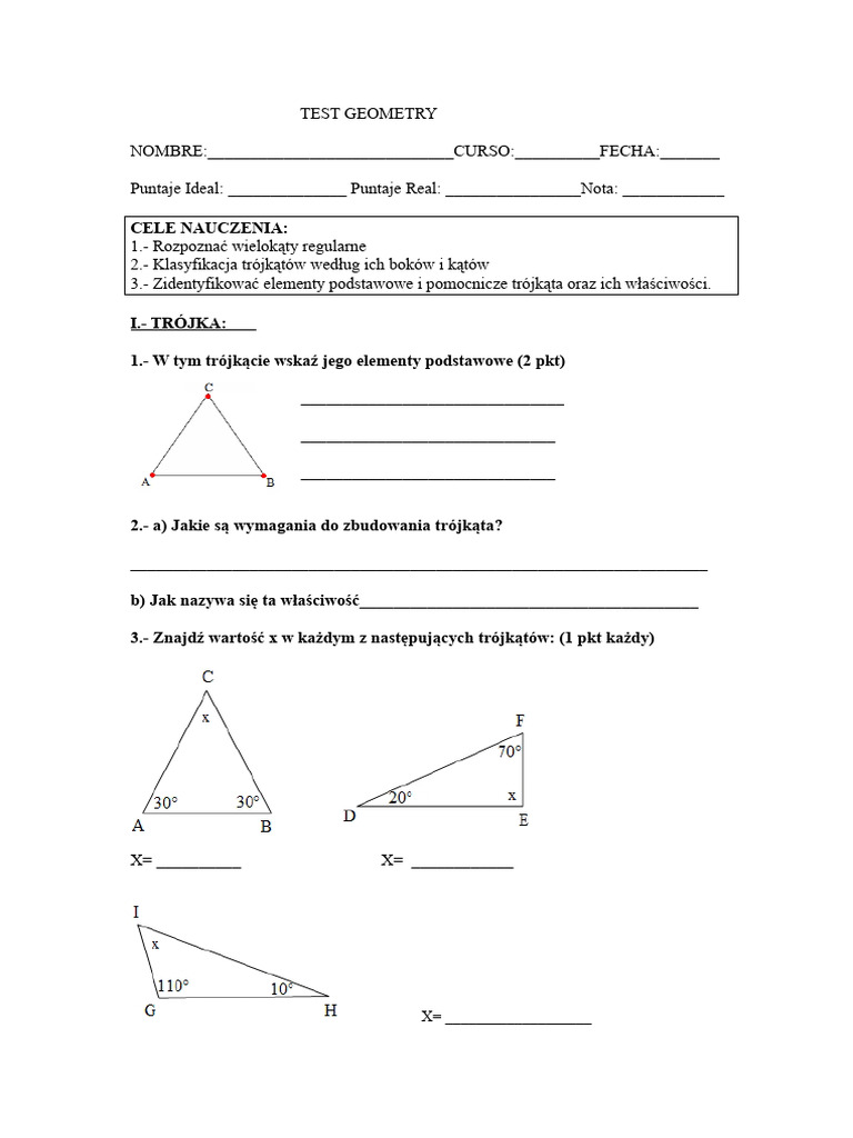 Test Na Temat Trójkątów 7 Klasy | PDF