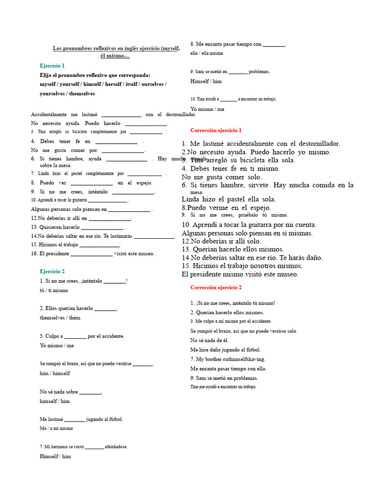 Los Pronombres Reflexivos en Inglés - Ejercicio 31 | PDF