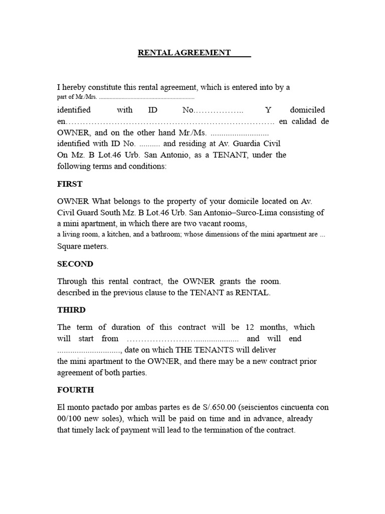 Rental Contract - Mini Apartment | PDF | Leasehold Estate | Renting