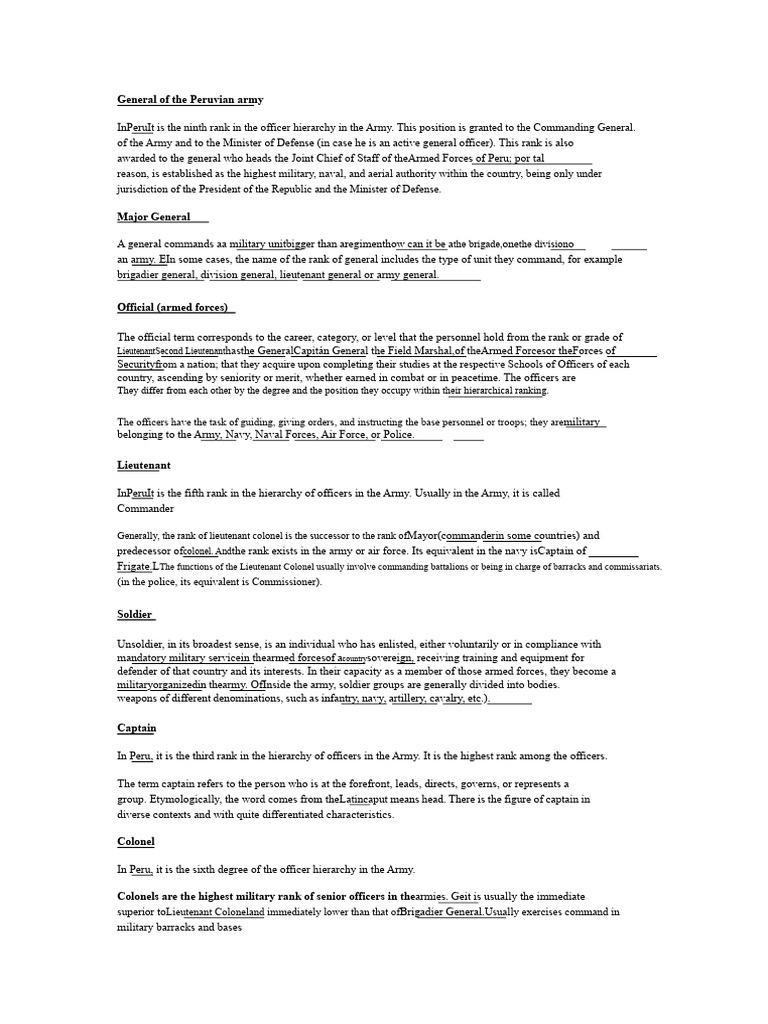 Peruvian Army Officer Ranks Explained | PDF | Military Rank | Non ...