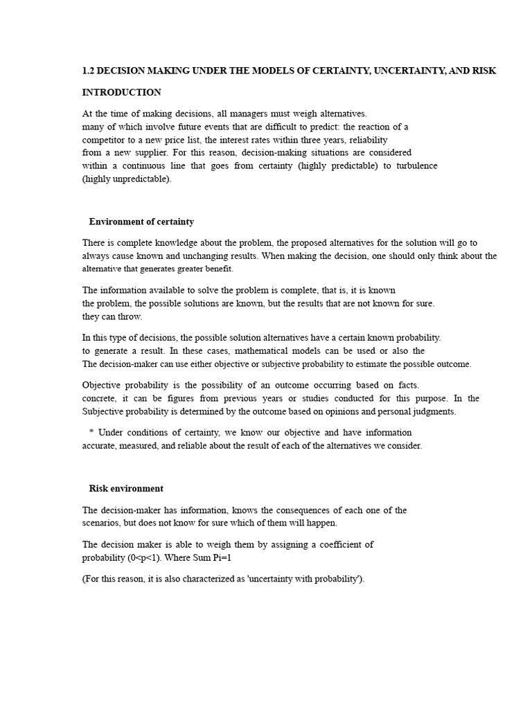 Decision Making: Certainty, Risk, Uncertainty | PDF | Decision Making ...