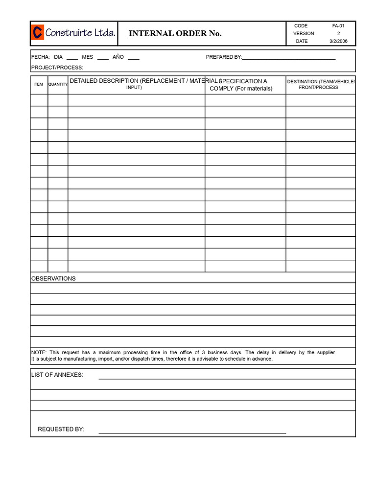 FA-01 V2 Internal Order | PDF