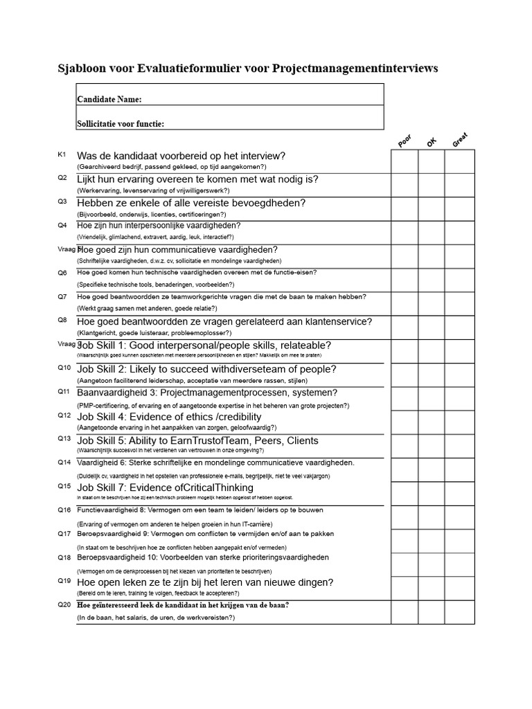 2c.project Management Interview Evaluatieformulier Sjabloon | PDF