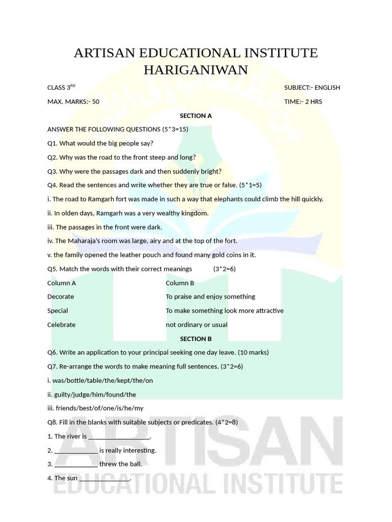 Class 3 English Exam Paper Guide | PDF