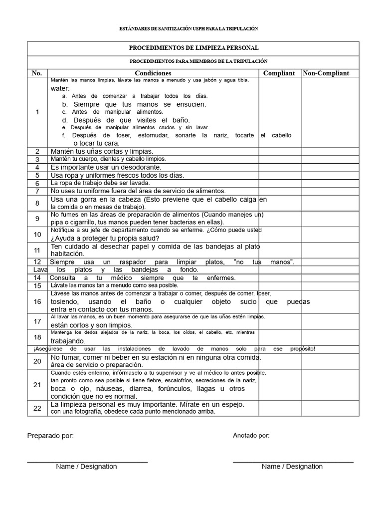 Estándares de Saneamiento de La USPH para La Tripulación | PDF | Lavado ...