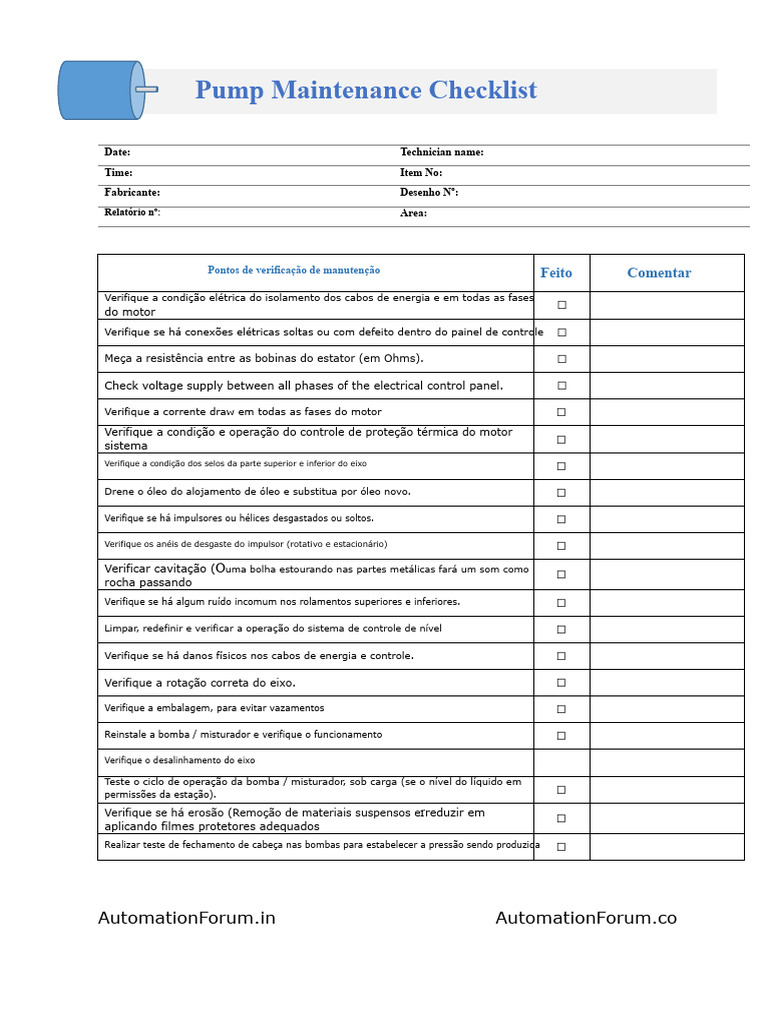 Checklist de Manutenção de Bombas | PDF | Motores | Bomba