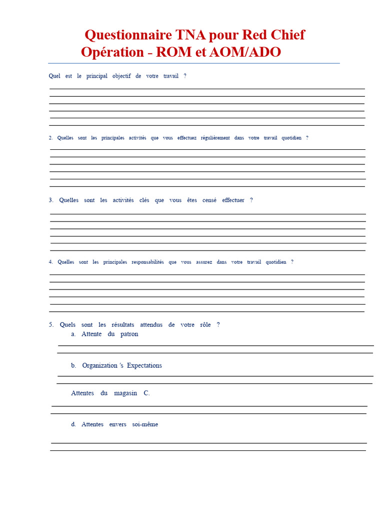 Questionnaire TNA pour Responsable Opérations | PDF