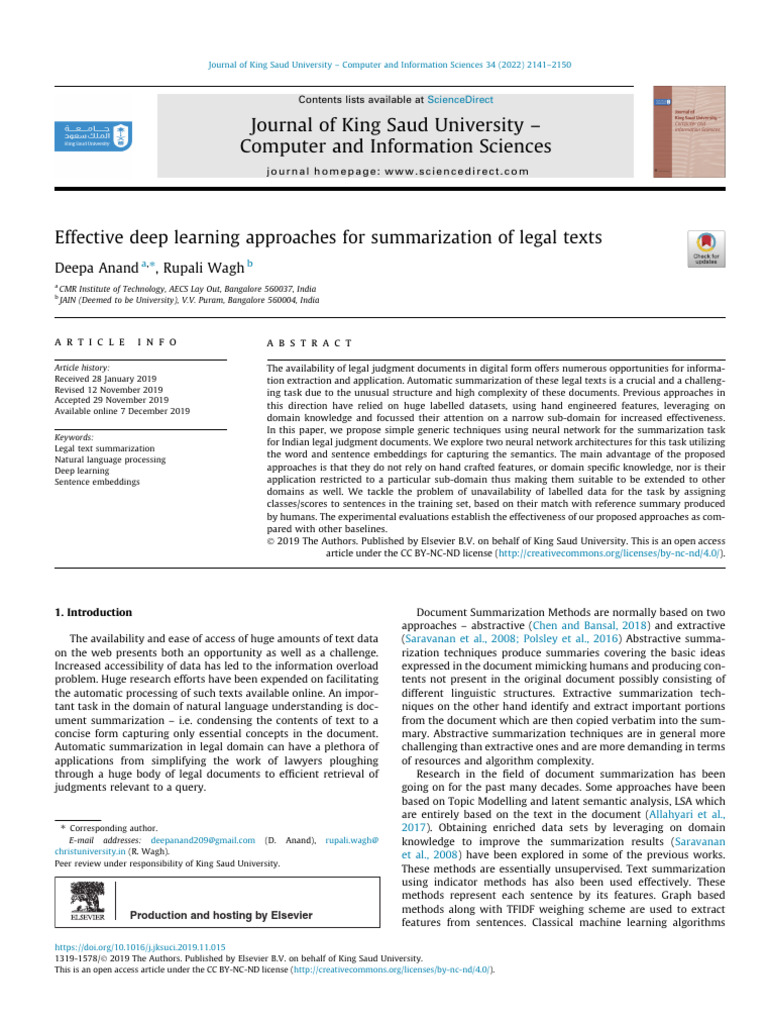 Effective Deep Learning Approaches for Summarization of Legal Texts ...
