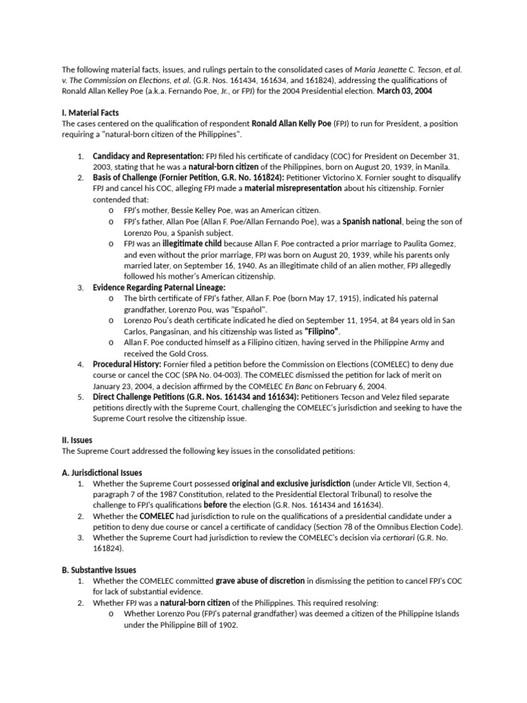 Tecson v. COMELEC - FPJ Citizenship Issue | PDF | Supreme Court Of The ...