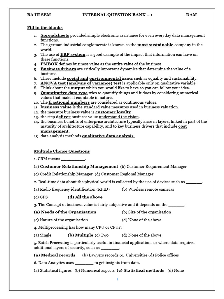 BA III SEM Internal Question Bank | PDF | Data Analysis | Data