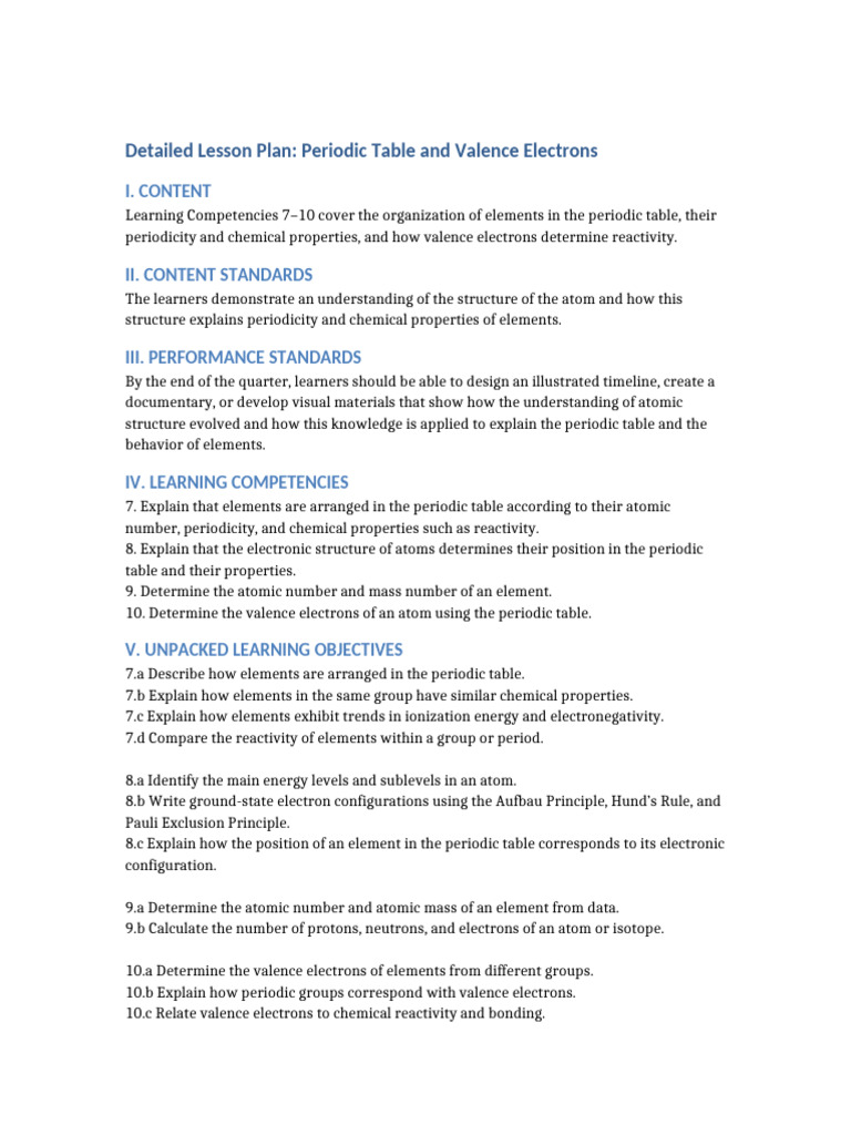 Lesson Plan: Periodic Table & Valence Electrons | PDF | Periodic Table ...