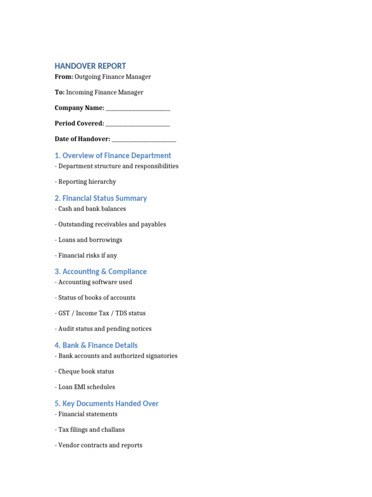 Finance Department Handover Report | PDF