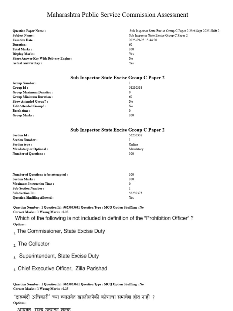MPSC Sub Inspector Exam Paper 2 | PDF | Multiple Choice | Tests