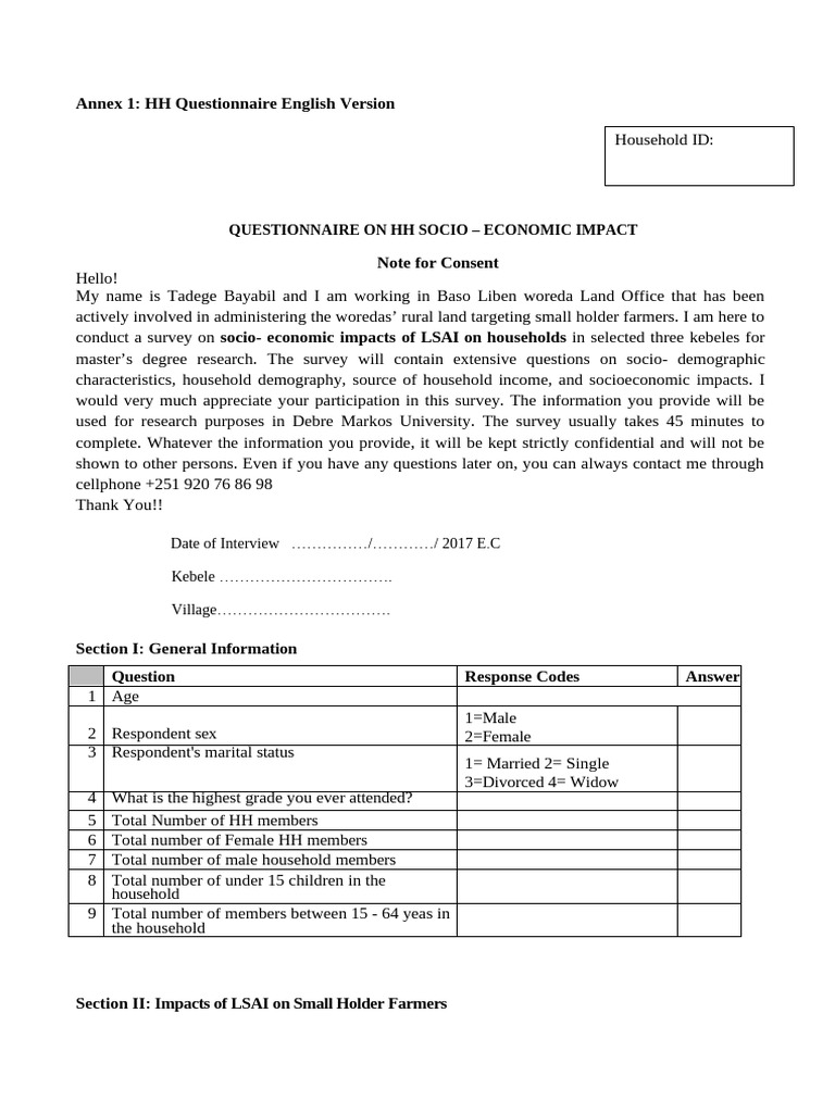 Questionnaire HH Survey-En | PDF | Agriculture | Food Industry