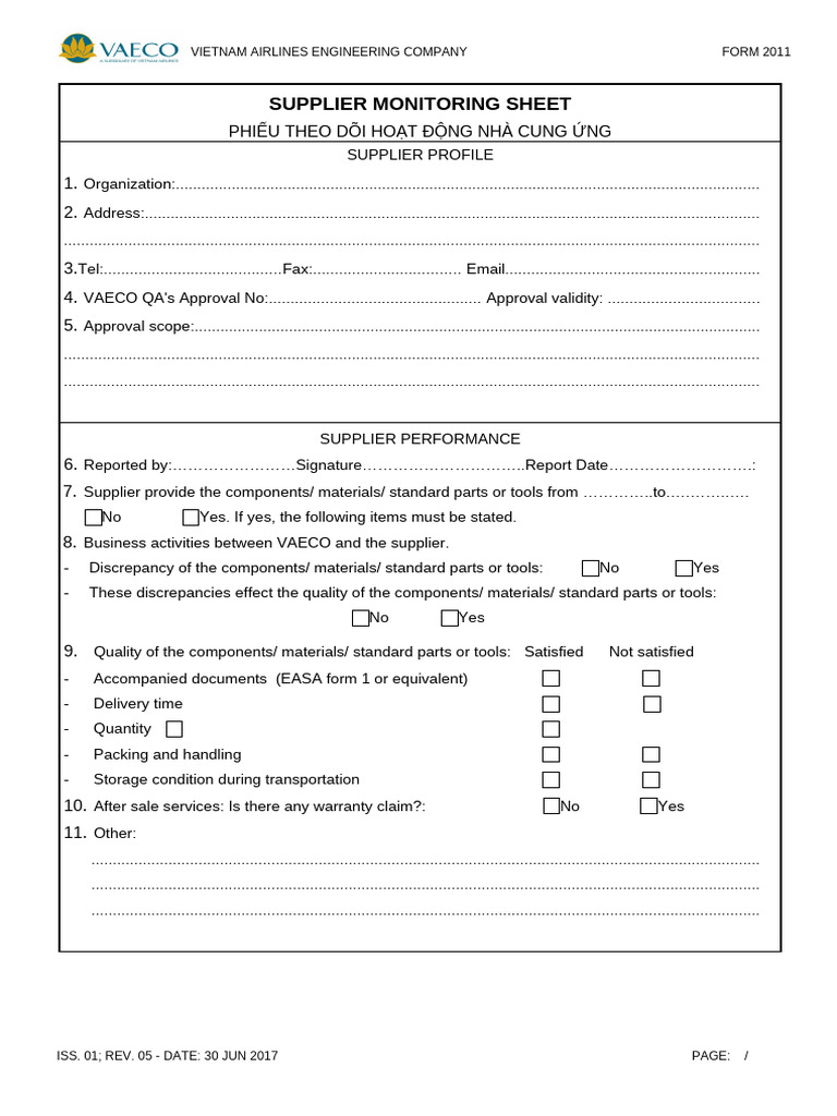 Vietnam Airlines Supplier Monitoring Form | PDF