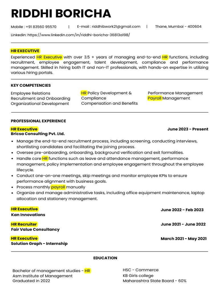 HR Executive Profile of Riddhi Boricha | PDF