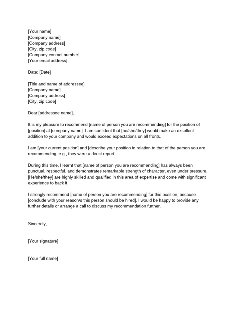 Business Templates Recommendation Letters Employment Related ...