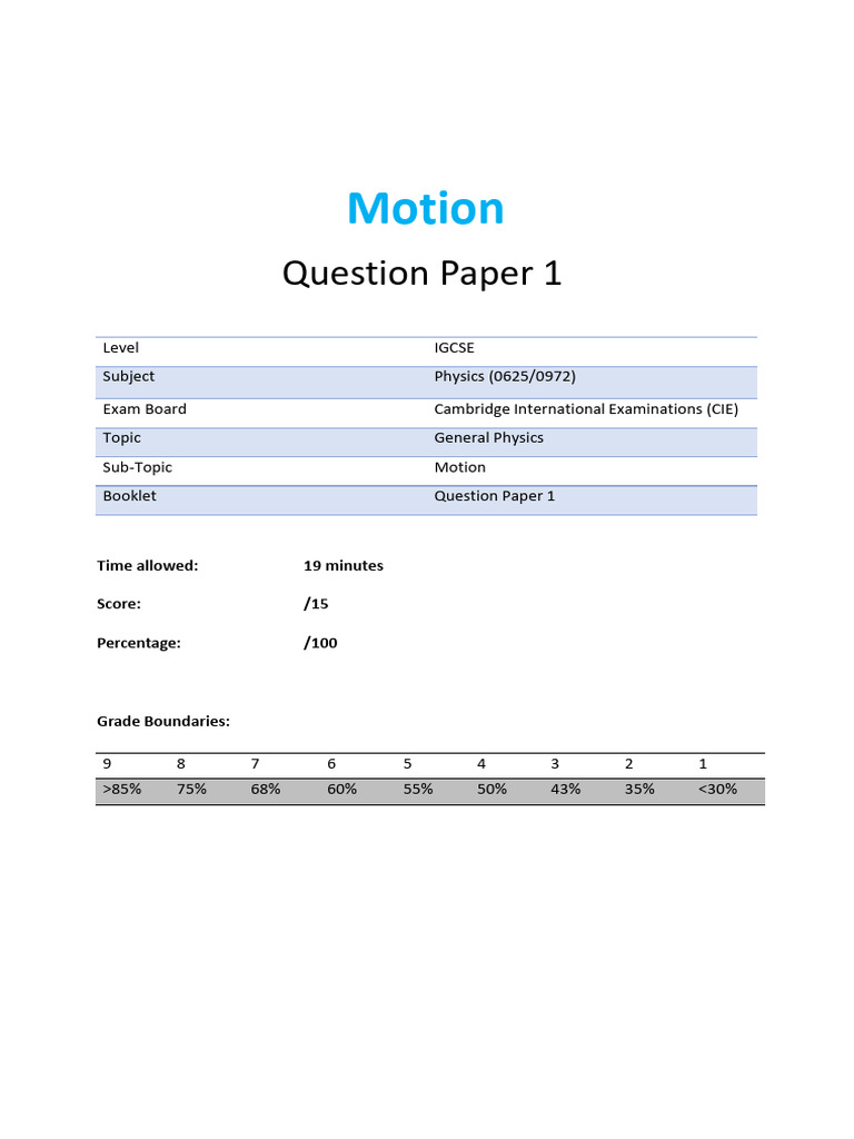 IGCSE Physics Motion Question Paper | PDF | Educational Stages ...