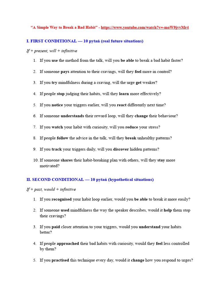 A Simple Way To Break A Bad Habit - Questions in Conditionals | PDF ...