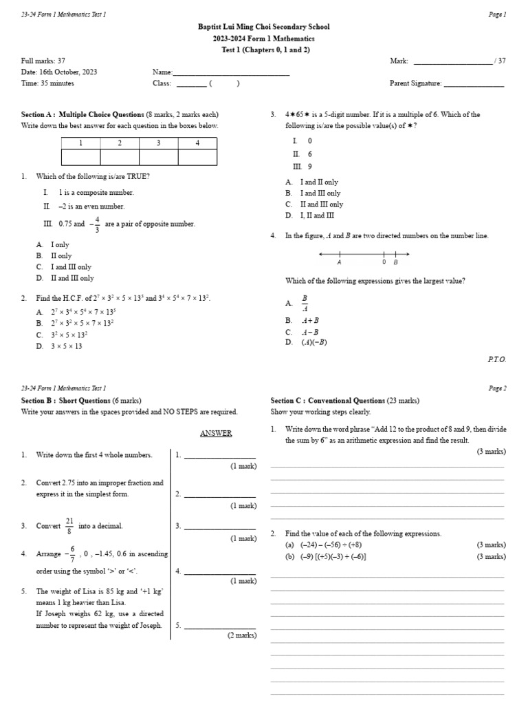 2324_Form 1_Test 1 | PDF | Elementary Mathematics | Discrete Mathematics