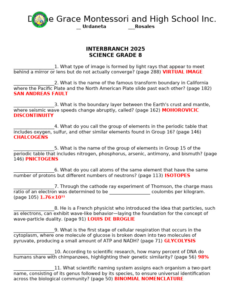 Grade 8 Science Quiz Questions | PDF | Chemical Elements | Cellular ...