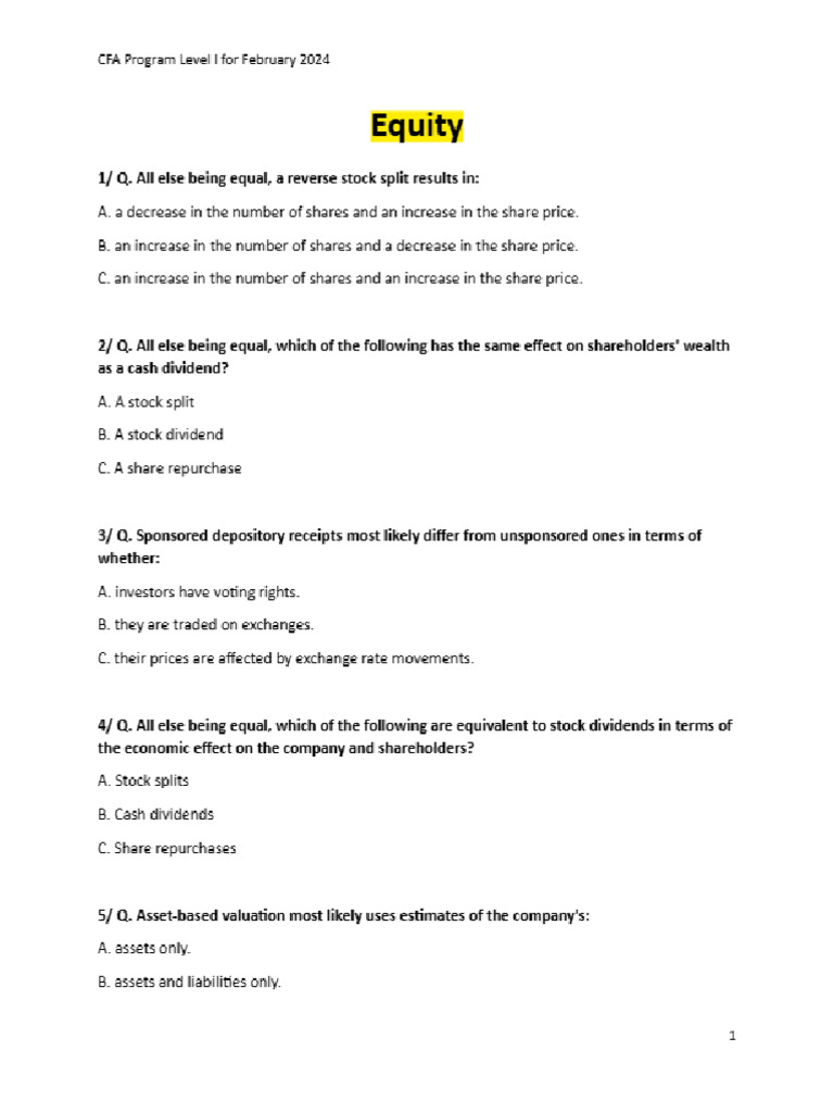 Equity - CFA Level 1 2024 Question Bank, CFAI | PDF