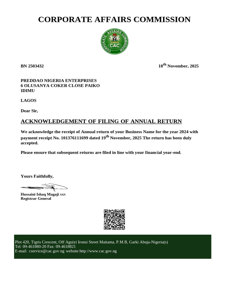 Cac - Acknowlegement Letter For Preddao Nigeria Enterprises-1 | PDF