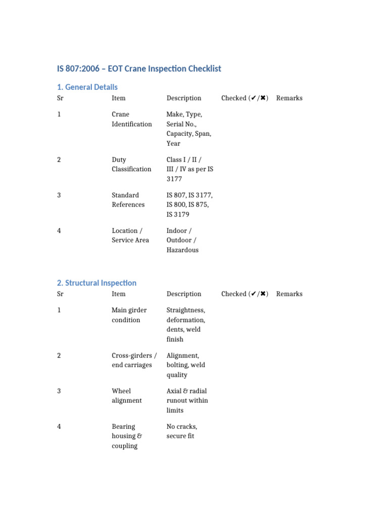 EOT Crane Inspection Checklist Guide | PDF | Crane (Machine ...