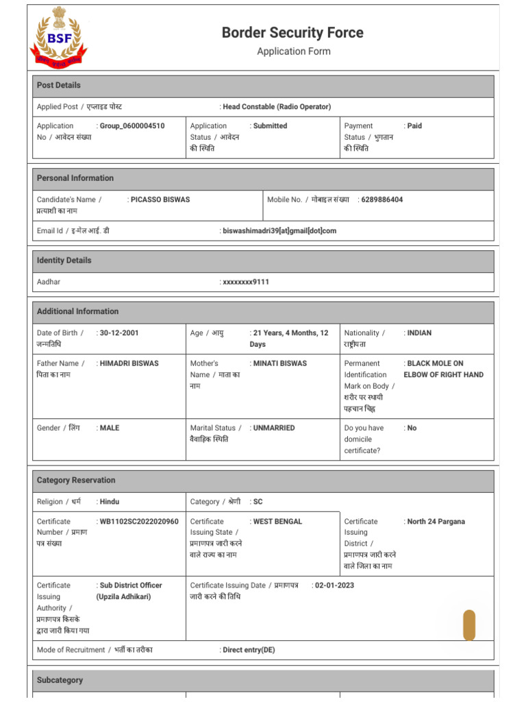 BSF Ro Application 2023 | PDF