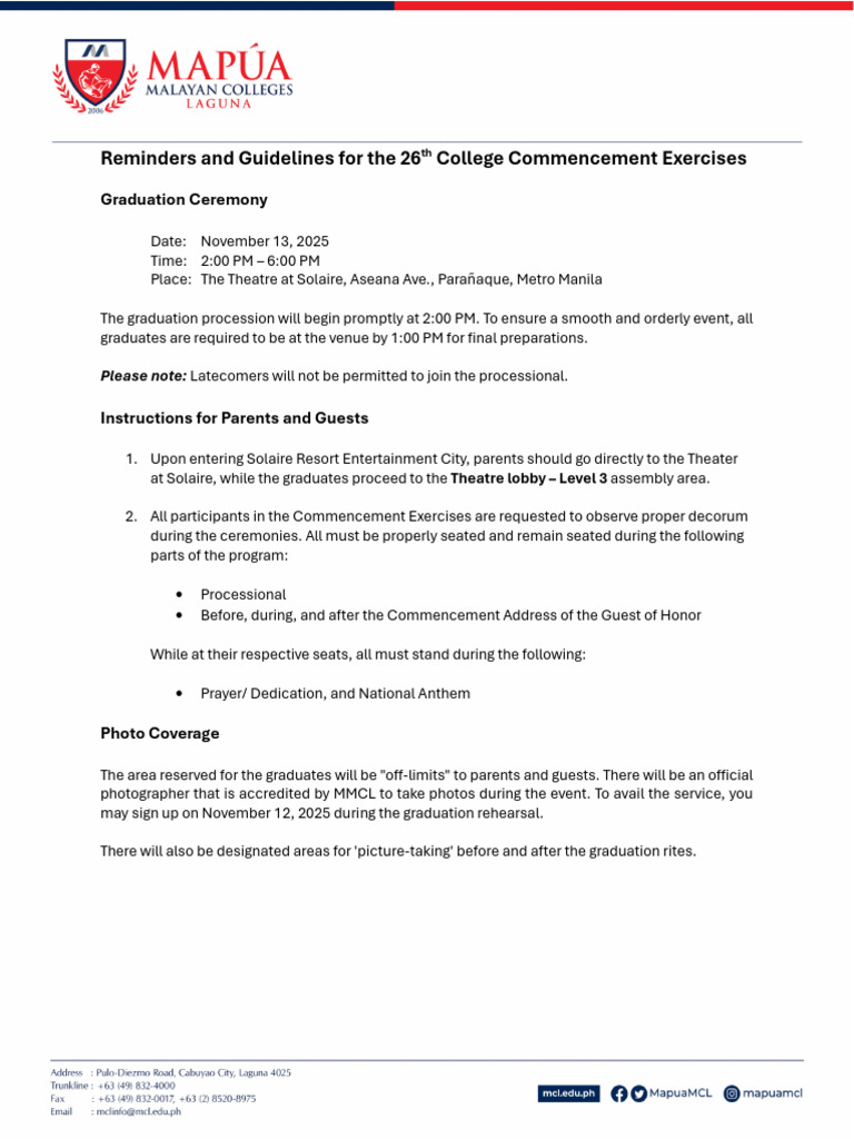 Reminders and Guidelines For The 26th College Commencement Exercises 1 ...