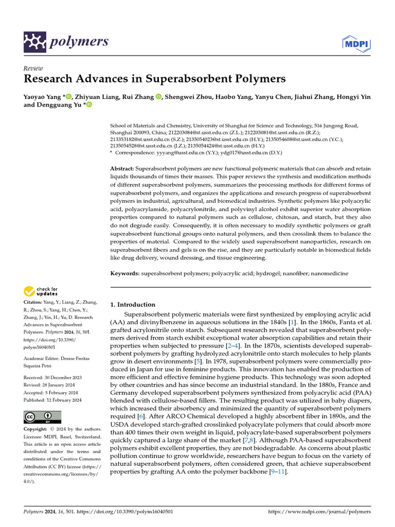 Advances in Superabsorbent Polymers | PDF | Polymers | Polymerization