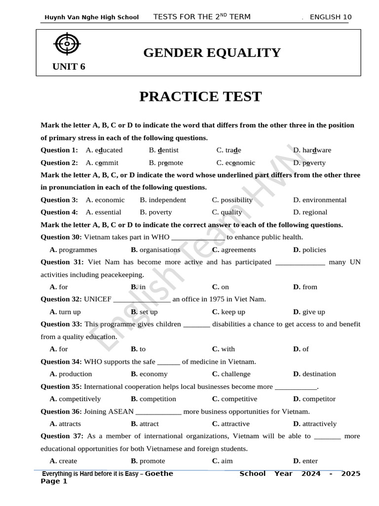 English 10 Practice Test: Gender Equality | PDF | International ...