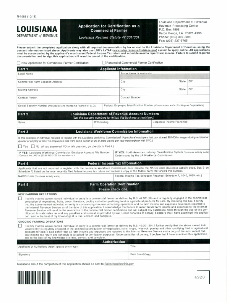 Louisiana Commercial Farmer Application | PDF | Farms | Taxes