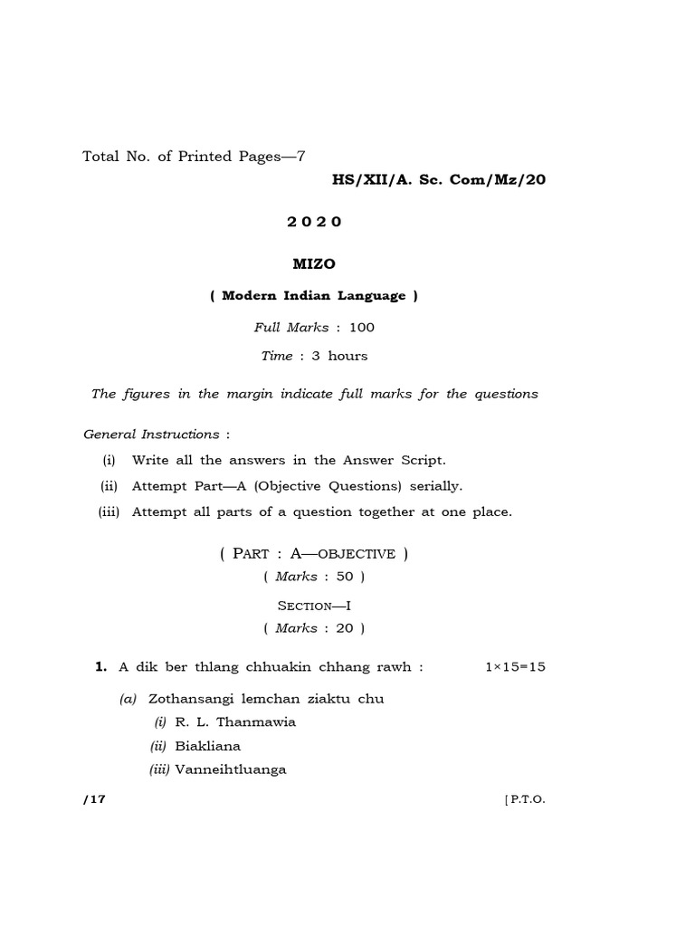 Mizo Language Exam Paper 2020 | PDF