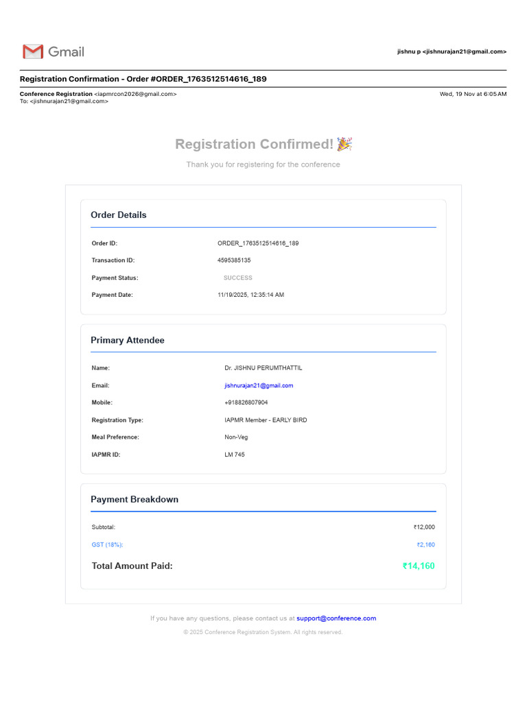 Registration Confirmation - Order #ORDER - 1763512514616 - 189 | PDF