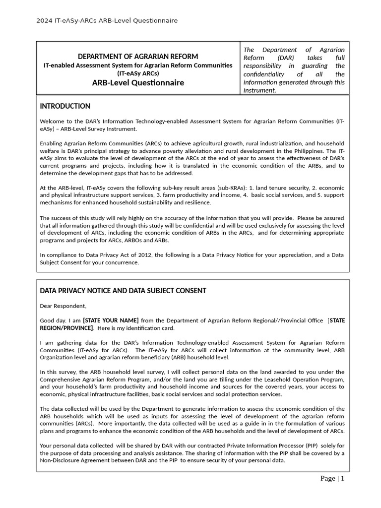 It Easy Questionnaire Arb Level 2024 | PDF | Loans | Privacy
