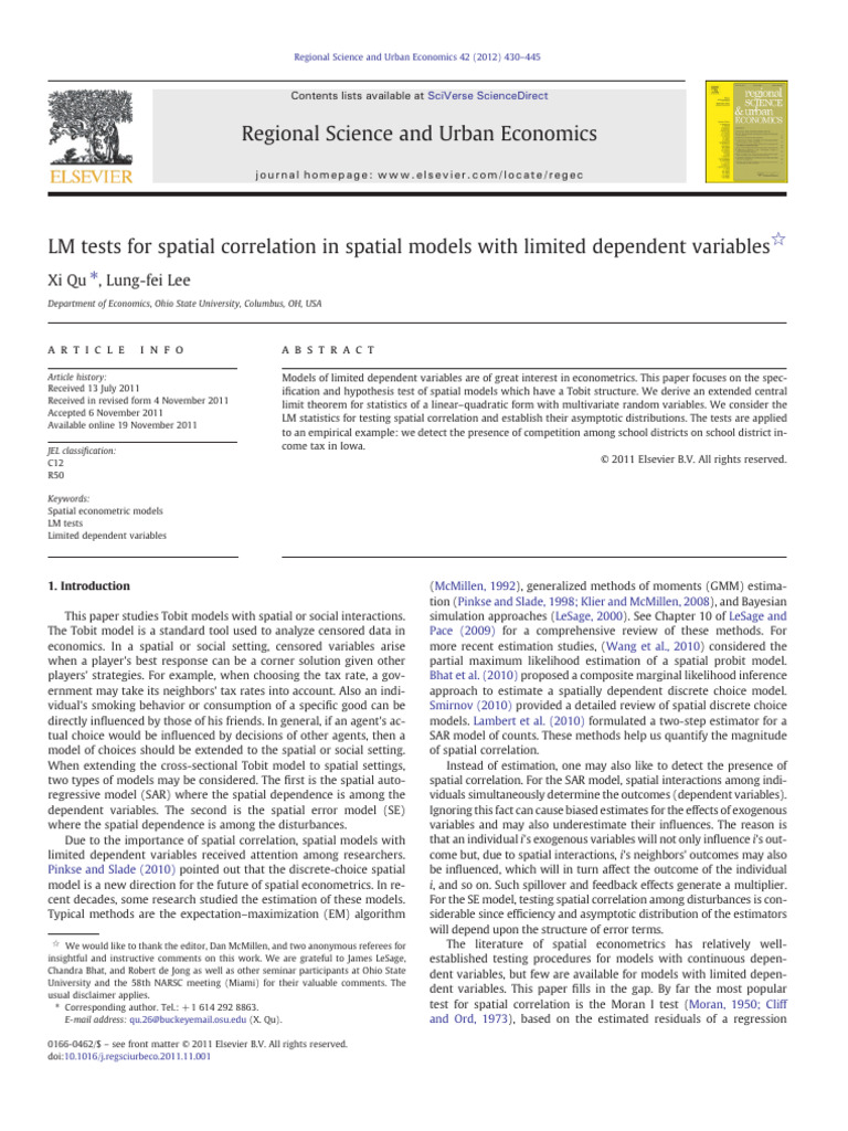 LM Tests for Spatial Correlation in Tobit Models | PDF | Regression ...