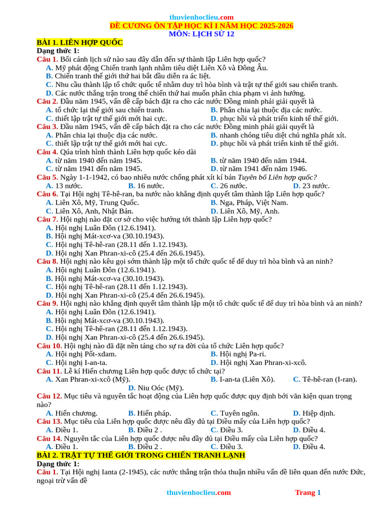 De Cuong On Tap Cuoi HK1 Lich Su 12 Canh Dieu 25 26 | PDF