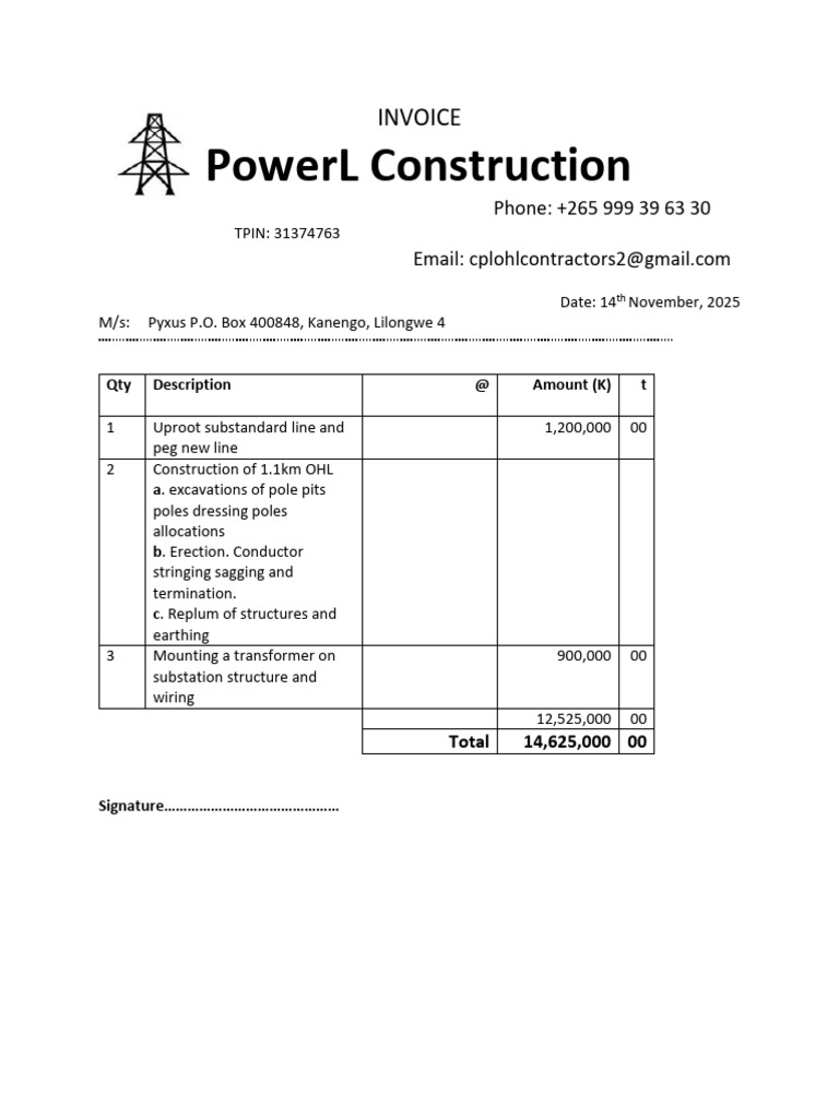 PowerL Construction Invoice Details | PDF