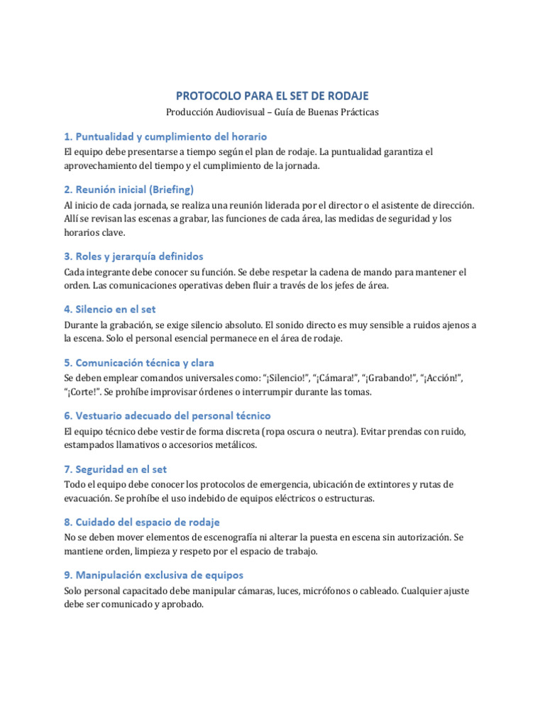 Protocolo Set de Rodaje SENA Fondo Blanco | PDF